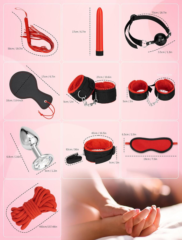 ست بی دی اس ام 11 تیکه + ویبراتور بزرگ و پلاگ استیل و تاس ( ارباب و برده ) bdsm کد 755